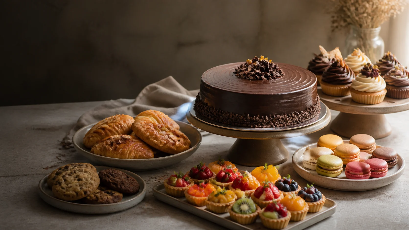 A generous spread of cakes, pastries and colourful macarons made by The Cake Factory