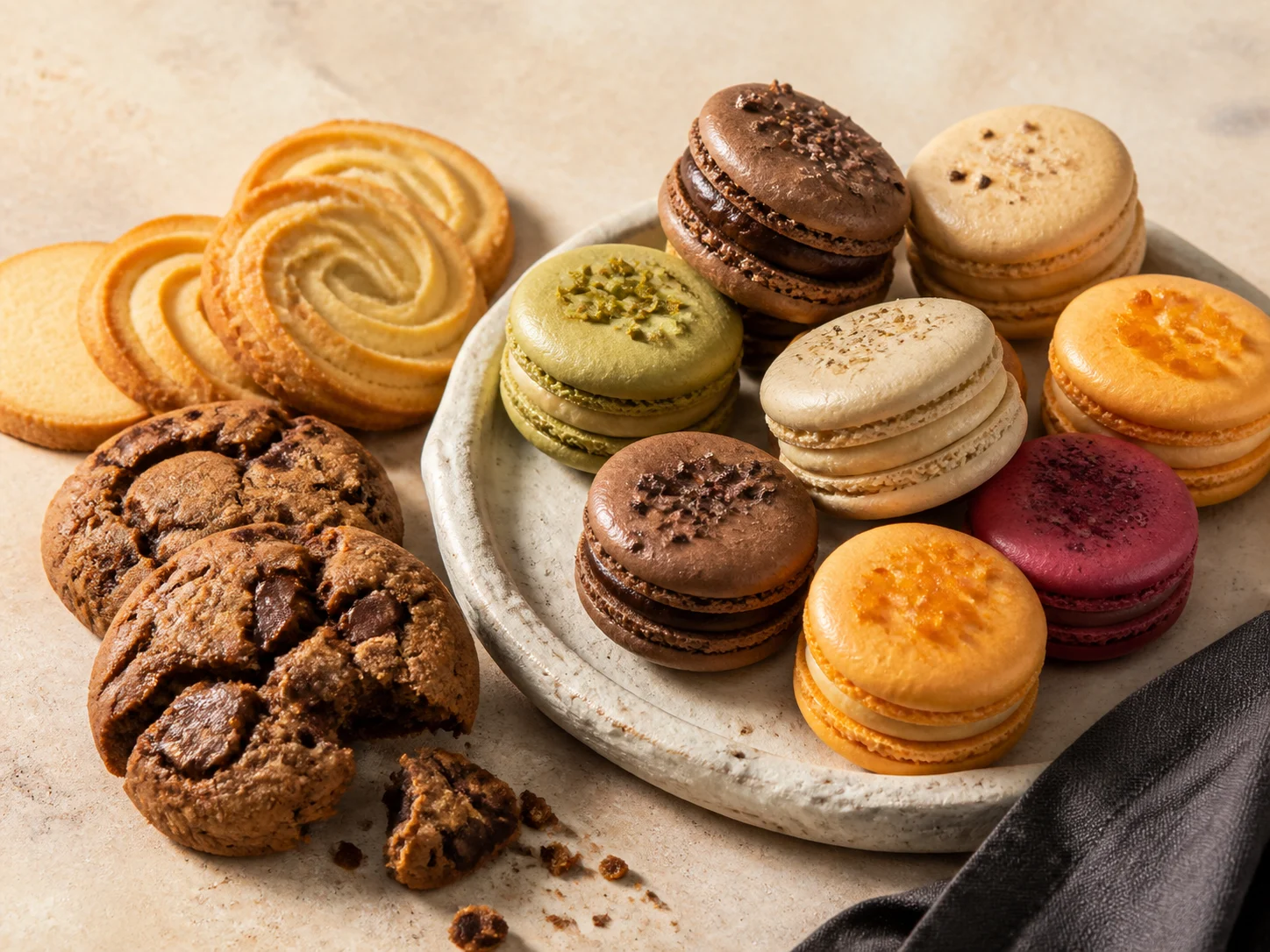 Cookies and macarons presented for a Singapore café bakery counter